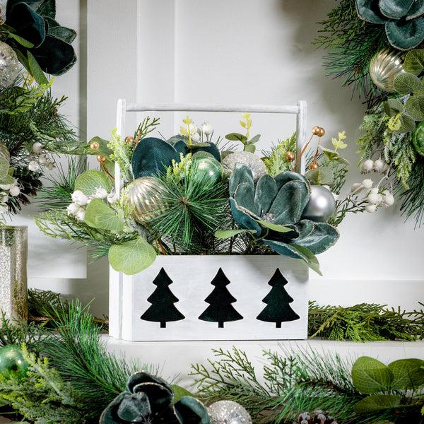 plow & hearth Shades of Emerald Faux Floral Table Decor Artificial Tree in Pot with Ornaments 11"H