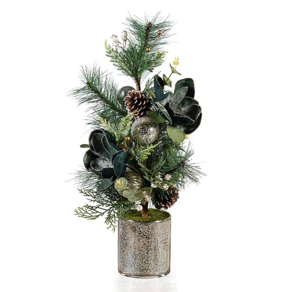 Plow & Hearth Shades Of Emerald Faux Floral Tree Table Decor Artificial In Pot With Ornaments 24"H