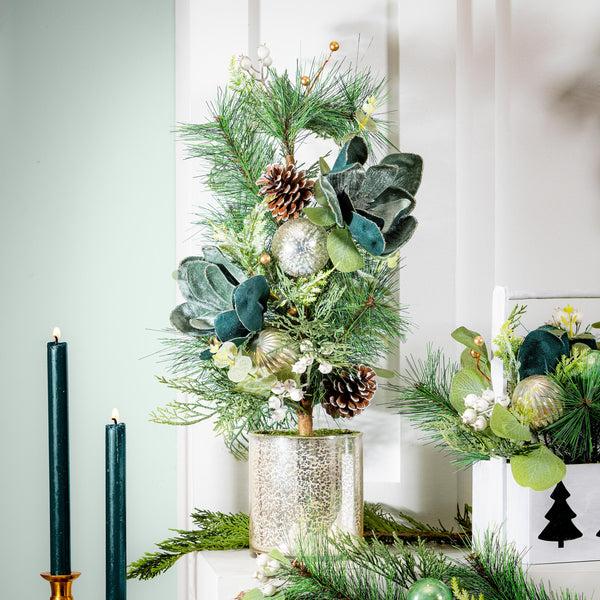 plow & hearth Shades of Emerald Faux Floral Tree Table Decor Artificial in Pot with Ornaments 24"H