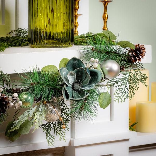 plow & hearth Shades of Emerald Garland Artificial with Ornaments 72"H