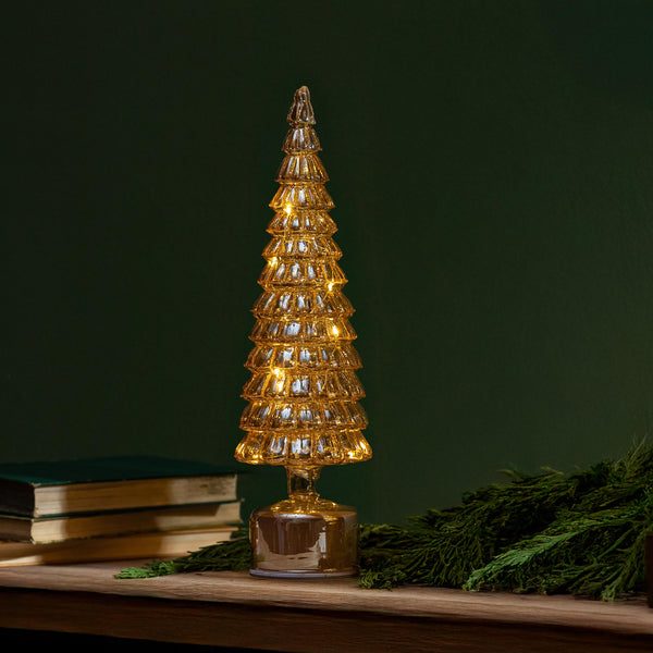 plow & hearth Shades of Emerald LED Table Decor Tree Shaped Rotating Glass 16"H
