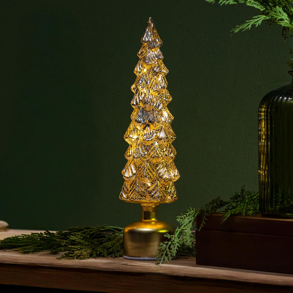 plow & hearth Shades of Emerald LED Table Decor Tree Shaped Rotating Metallic Glass 16"H