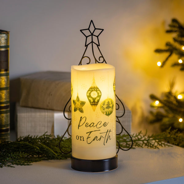 plow & hearth Shades of Emerald LED Table Decor Wax Flicker Light Candle with Metal Holder
