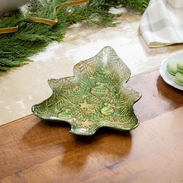 plow & hearth Shades of Emerald Plate Glass Tree Serving Dish 8.5"L x 12"W