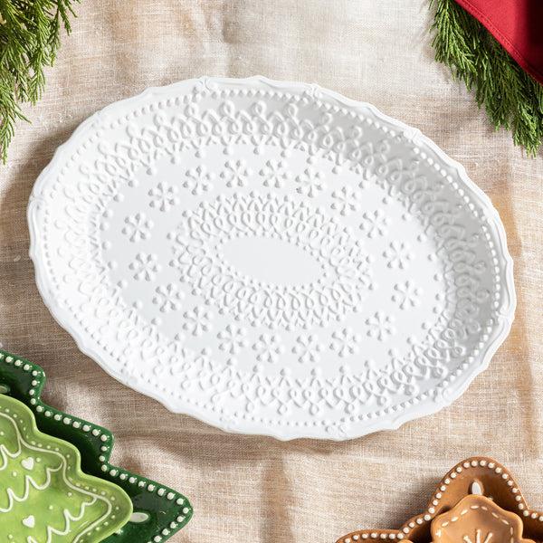 plow & hearth Shades of Emerald Platter Embossed Ceramic Serving Platter 14"L x 9"W