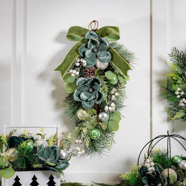 plow & hearth Shades of Emerald Swag Artificial with Ornaments 25"H