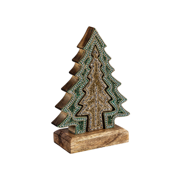 Plow & Hearth Shades Of Emerald Table Décor Nested Tree With Beading Wood 8"H