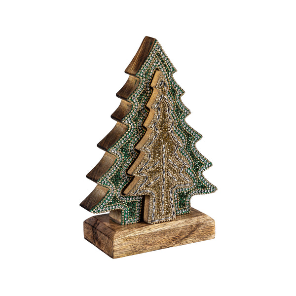 Plow & Hearth Shades Of Emerald Table Décor Nested Tree With Beading Wood 8"H