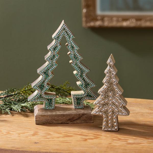 plow & hearth Shades of Emerald Table Décor Nested Tree with Beading Wood 8"H