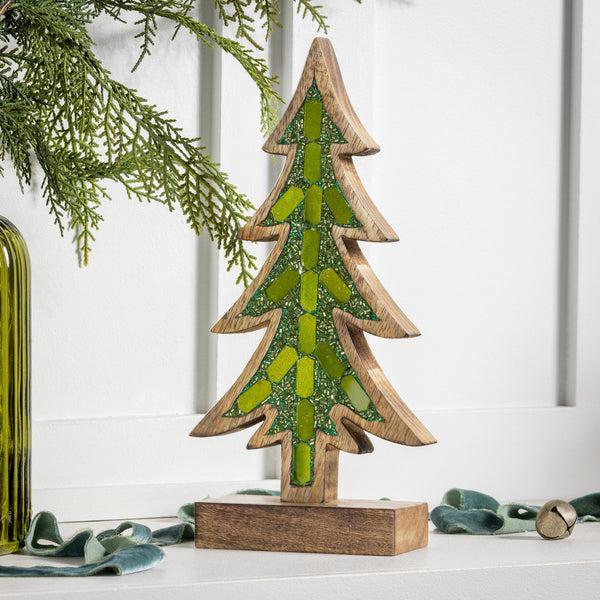 plow & hearth Shades of Emerald Table Décor Tree with Embellishments Wood 12.25"H