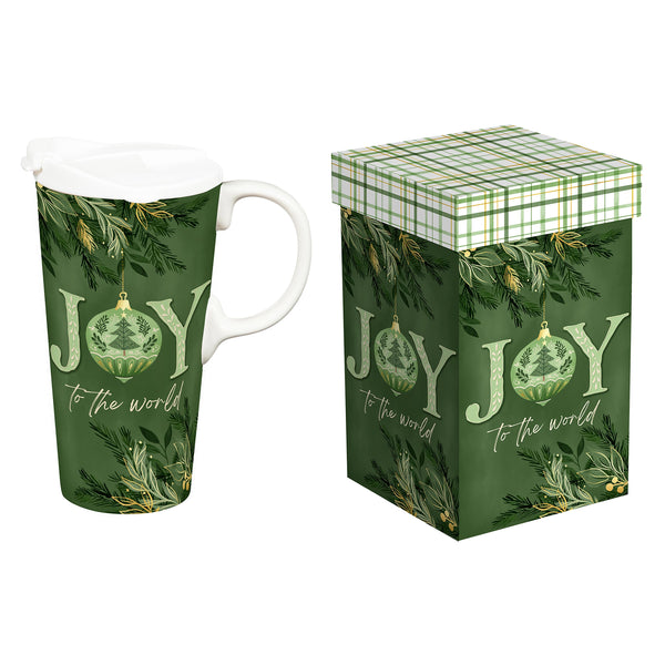 plow & hearth Shades of Emerald Travel Cup Ceramic Perfect Cup Joy 17oz Gift Box