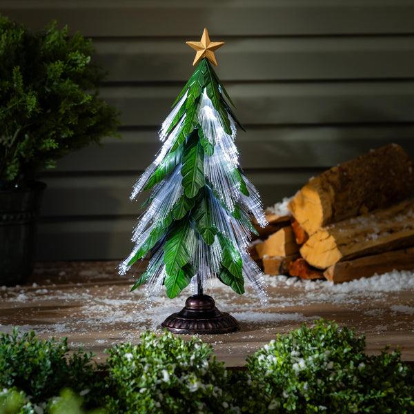 plow & hearth Shades of Green Garden Statue Metal Fiber Optic LED Statue Evergreen Tree 23"H