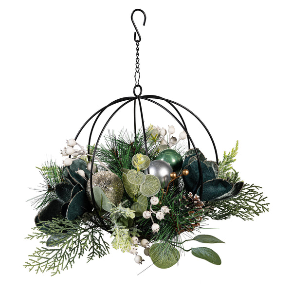 Plow & Hearth Shades Of Green Hanging Décor Artificial With Metal Orb And Ornaments 14"H