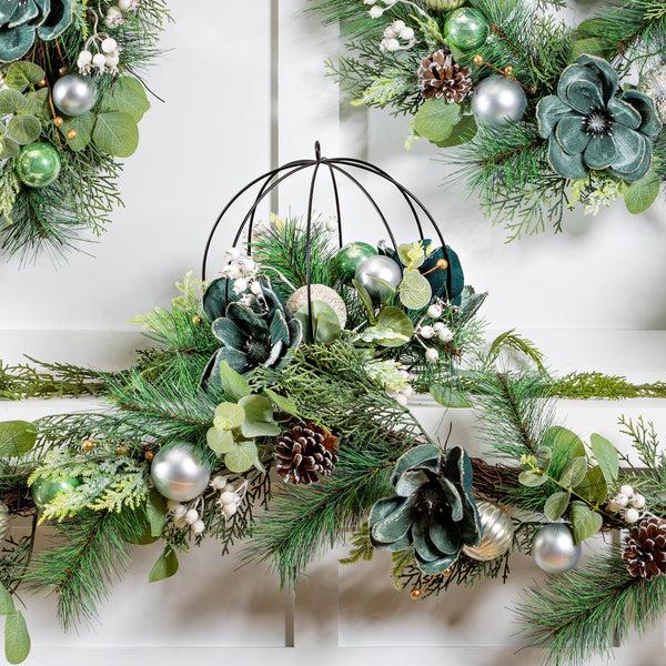 plow & hearth Shades of Green Hanging Décor Artificial with Metal Orb and Ornaments 14"H