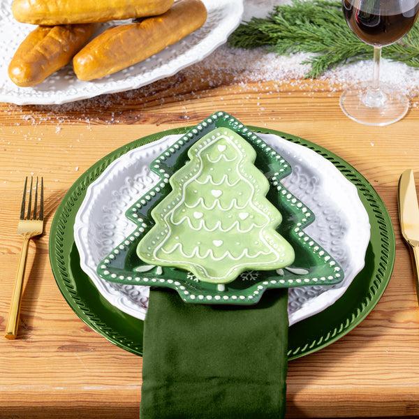 plow & hearth Shades of Green Tree Shaped 8.25" Embossed Ceramic Appetizer Plate Set of 4