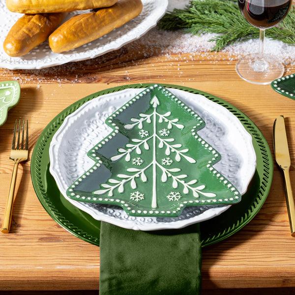 plow & hearth Shades of Green Tree Shaped 9.5" Embossed Ceramic Salad Plate Set of 4