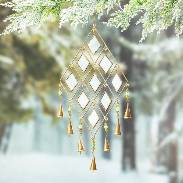 plow & hearth Shades of Green Wind Chime Metal & Glass Wind Chime Mirrored Diamond Shapes