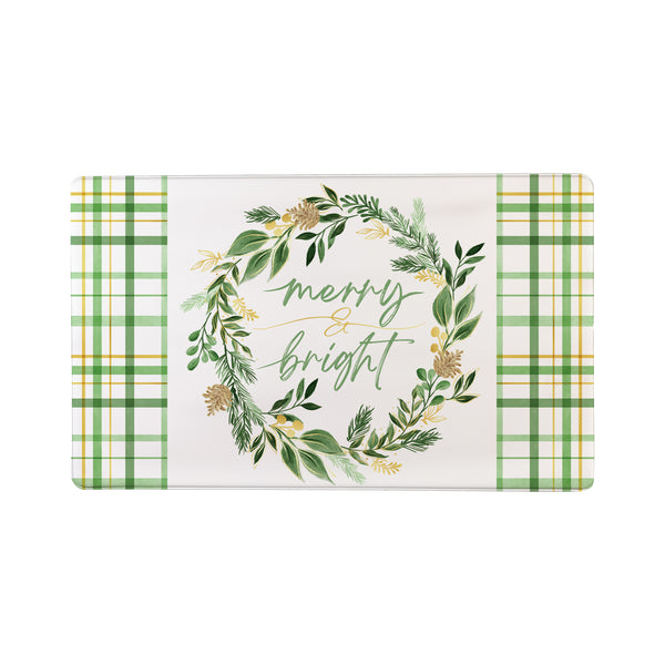 Plow & Hearth Shades Of Green Wreath Anti-Fatigue Mat "Merry Bright" 30"x18”