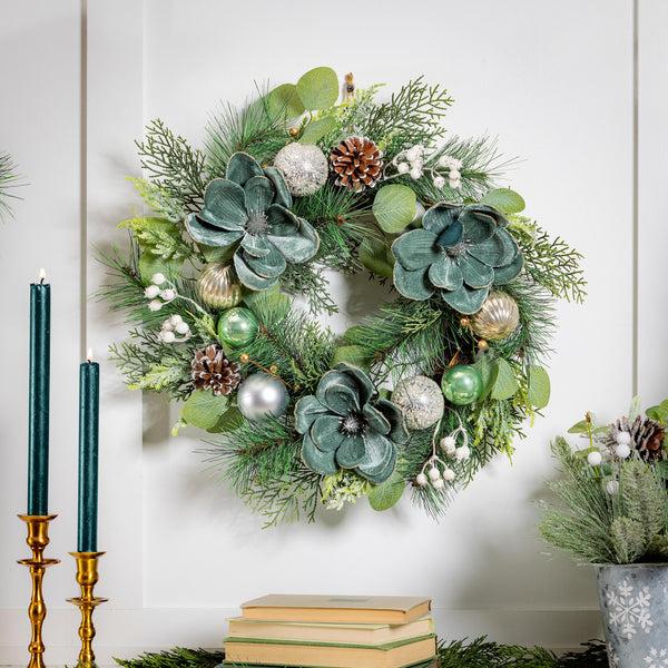 plow & hearth Shades of Green Wreath Artificial with Ornaments 20"H