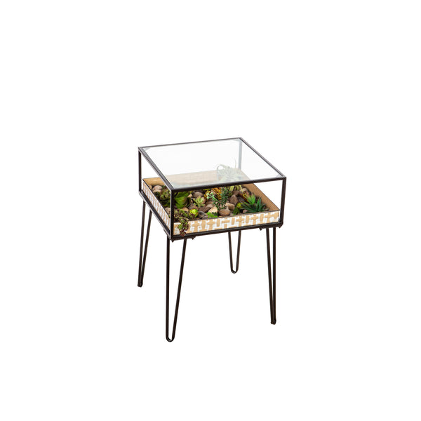 Plow & Hearth Side Table With Glass Top And Golden Planter Tray