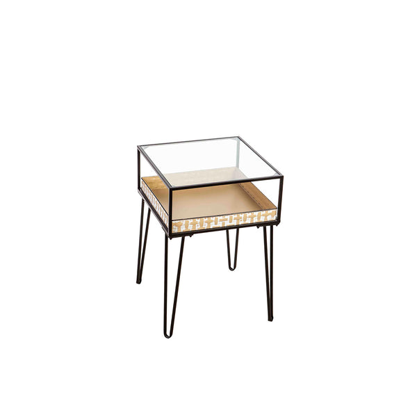Plow & Hearth Side Table With Glass Top And Golden Planter Tray