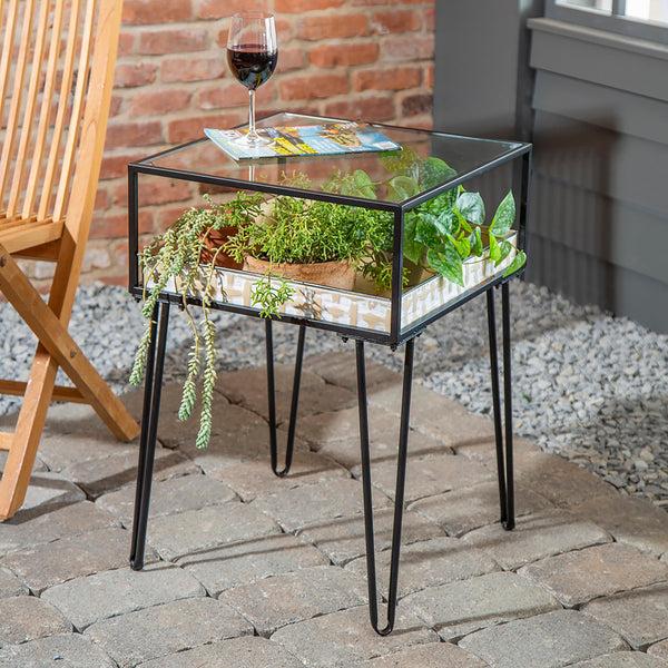 plow & hearth Side Table with Glass Top and Golden Planter Tray