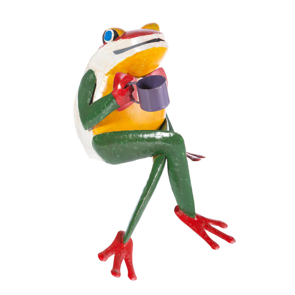 Plow & Hearth Sitting Frog With Coffee Cup Metal Garden Statue