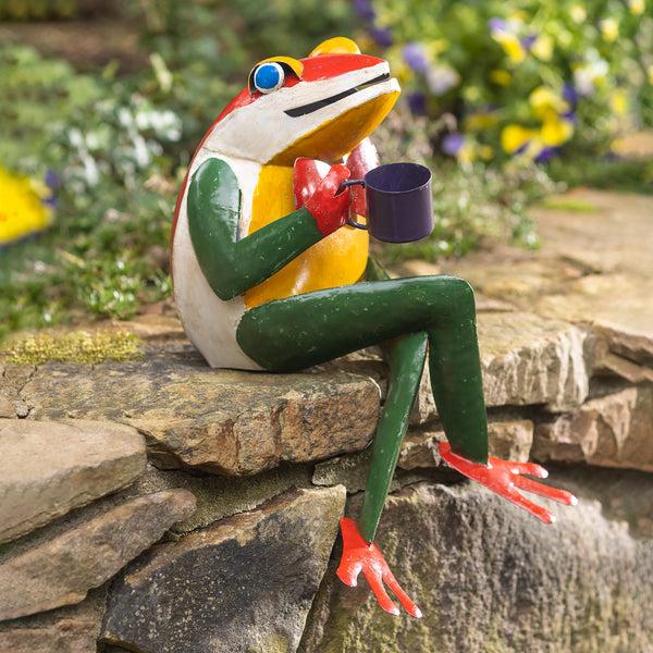 plow & hearth Sitting Frog with Coffee Cup Metal Garden Statue