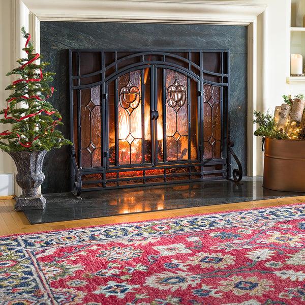 Plow & Hearth Small Two-Door Fireplace Screen With Glass Floral Panels