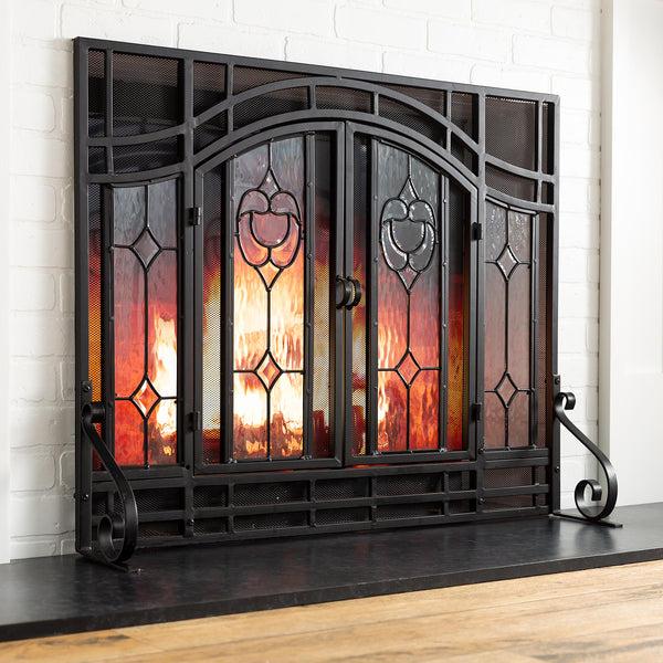 Plow & Hearth Small Two-Door Fireplace Screen With Glass Floral Panels