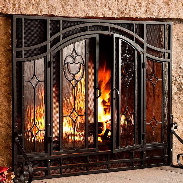 plow & hearth Small Two-Door Fireplace Screen with Glass Floral Panels