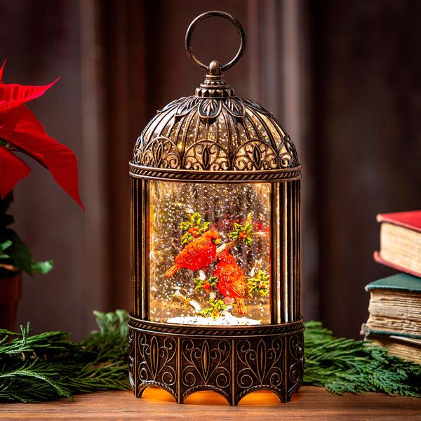 plow & hearth Snowbirds LED Table Decor Cardinal in Birdcage Plastic Water Lantern 11.75"H