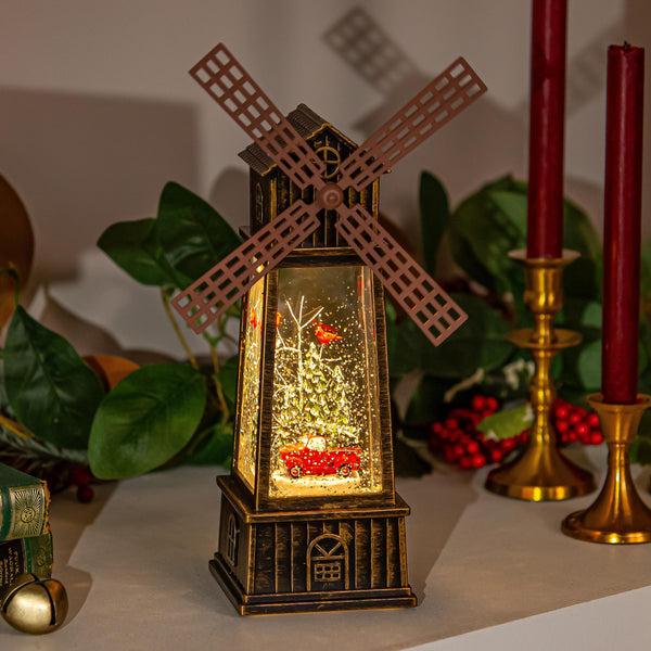 plow & hearth Snowbirds LED Table Decor Truck with Cardinals in Windmill Plastic Water Lantern 12.25"H