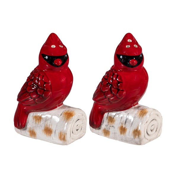 plow & hearth Snowbirds Salt & Pepper Shakers Ceramic Cardinal on Log Set of 2