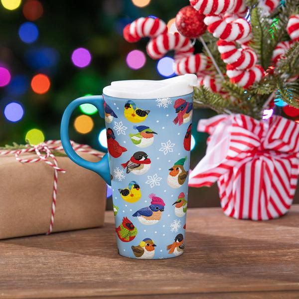 plow & hearth Snowbirds Travel Cup Ceramic Perfect Cup Portly Birds 17oz Gift Box