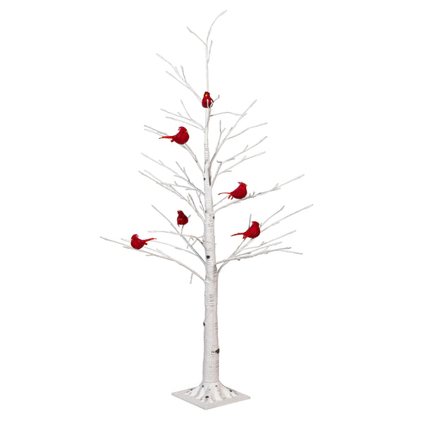 Plow & Hearth Snowbirds Tree Cardinal Birch With Cardinals Indoor/Outdoor LED Tree 48"H