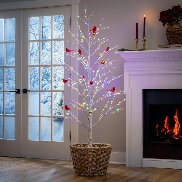 Plow & Hearth Snowbirds Tree Cardinal Birch With Cardinals Indoor/Outdoor LED Tree 72"H