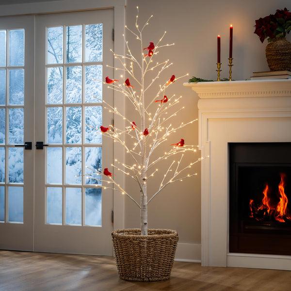 plow & hearth Snowbirds Tree Cardinal Birch with Cardinals Indoor/Outdoor LED Tree 72"H
