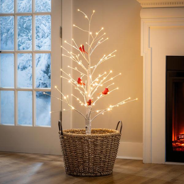 plow & hearth Snowbirds Tree Cardinal Birch with Cardinals Indoor/Outdoor LED Tree 48"H