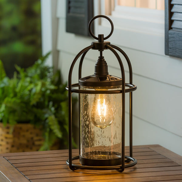 Plow & Hearth Solar Metal And Bubble Glass Edison Lantern