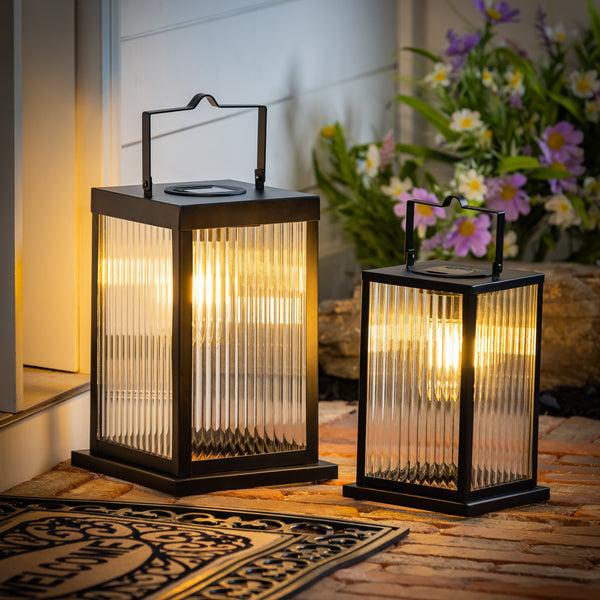 plow & hearth Solar Metal Lantern with Edison Bulbs Set of 2
