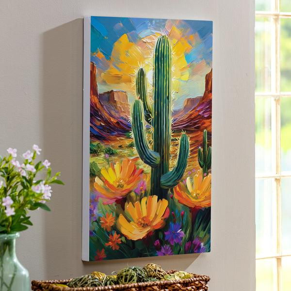 plow & hearth Southwest Pueblo Indoor Wall Décor Wood Desert Flower and Cactus 24"x16"