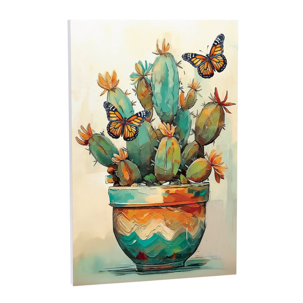 Plow & Hearth Southwest Pueblo Indoor Wall Décor Wood Painted Cactus And Butterfly 24"x16"
