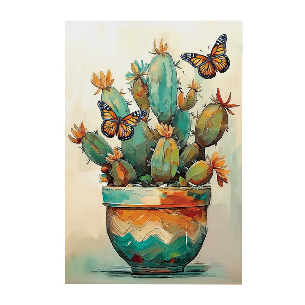 Plow & Hearth Southwest Pueblo Indoor Wall Décor Wood Painted Cactus And Butterfly 24"x16"