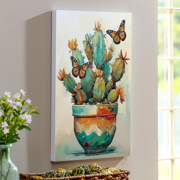 plow & hearth Southwest Pueblo Indoor Wall Décor Wood Painted Cactus and Butterfly 24"x16"