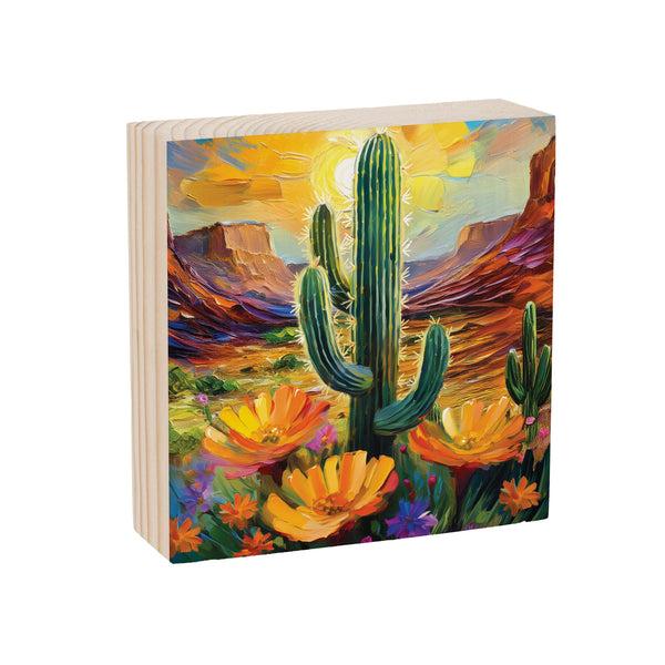 Plow & Hearth Southwest Pueblo Sign Wood Block Desert Flower And Cactus 6"x6"