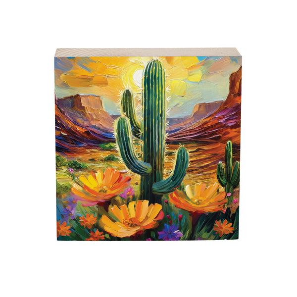 Plow & Hearth Southwest Pueblo Sign Wood Block Desert Flower And Cactus 6"x6"