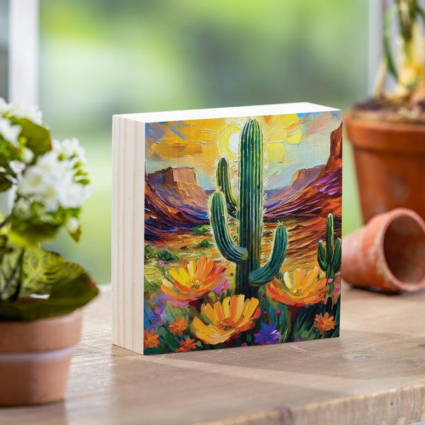plow & hearth Southwest Pueblo Sign Wood Block Desert Flower and Cactus 6"x6"