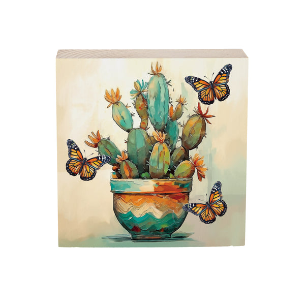 Plow & Hearth Southwest Pueblo Sign Wood Block Painted Cactus And Butterfly 6"x6"