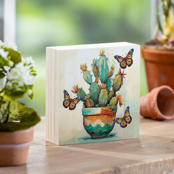 plow & hearth Southwest Pueblo Sign Wood Block Painted Cactus and Butterfly 6"x6"